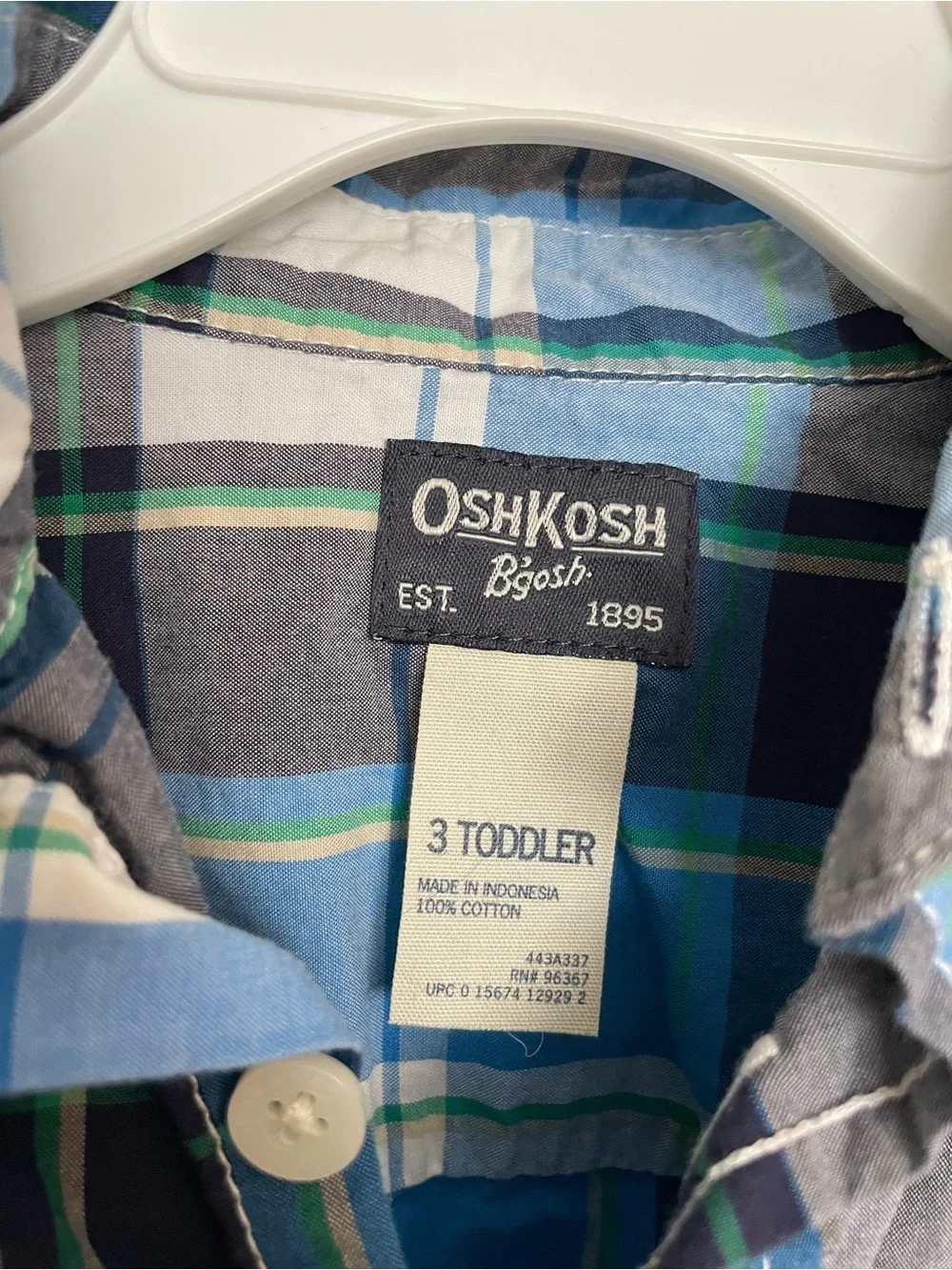 OshKosh 100% Cotton Size 3 Toddler Blue Plaid Button-Up Shirt for Kids
